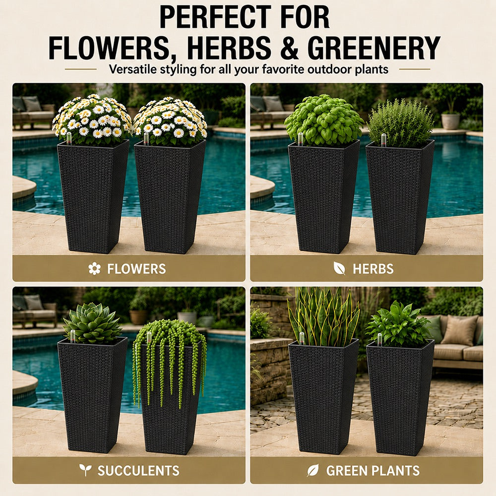 Cendra 22 in. Black Faux Rattan Polypropylene Self-Watering Square Planter (2-Pack) for Indoor/Outdoor Use
