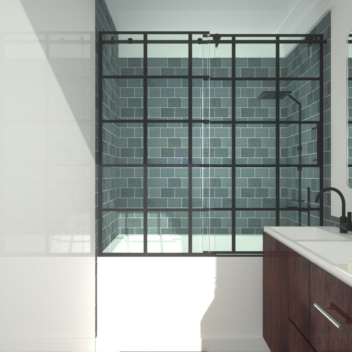 Niveal Ruhr 60 in. W x 76 in. H Sliding Semi-Frameless Shower Door in Matte Black with Patterned Glass 14_ab6698e3-fc7c-48c9-9f3e-e86be2d866ea