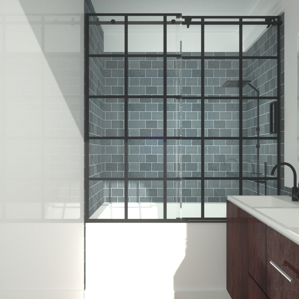 Niveal Ruhr 60 in. W x 76 in. H Sliding Semi-Frameless Shower Door in Matte Black with Patterned Glass 14_bff0f44f-833d-4e7b-9288-81b281c57e90