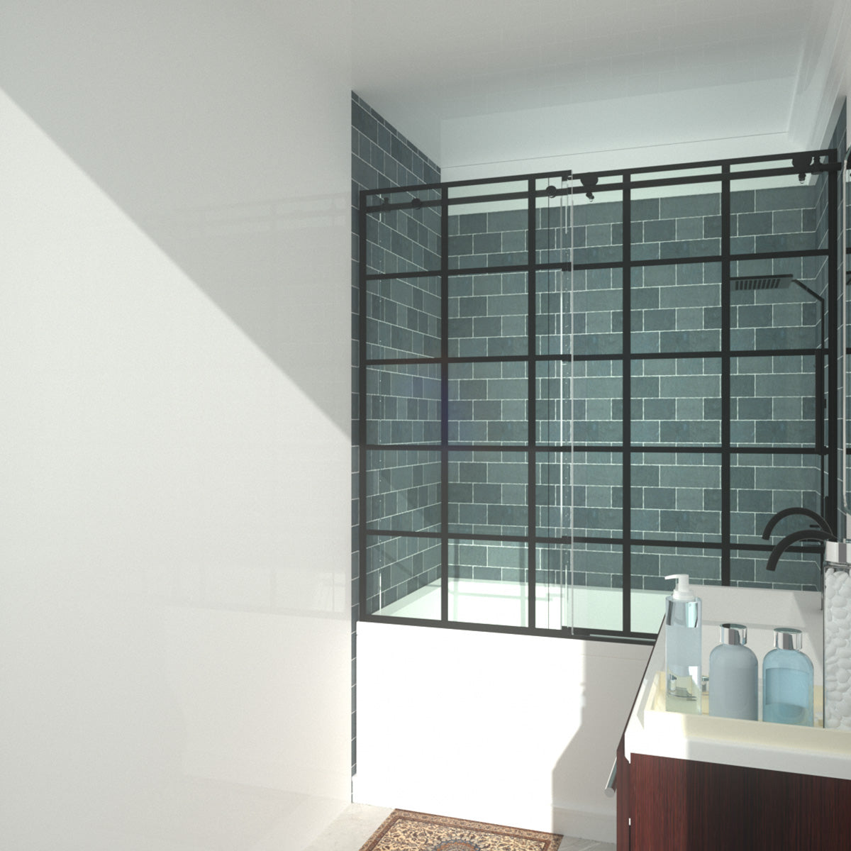 Niveal Ruhr 60 in. W x 76 in. H Sliding Semi-Frameless Shower Door in Matte Black with Patterned Glass 15_013b4384-8bbe-48dd-805e-8aae01d0f350