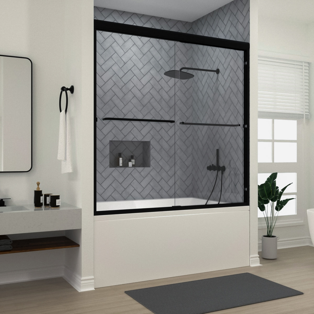 Niveal Bliss 60 in. W x 56 in. H Sliding Semi Frameless Tub Door with Clear Glass Matte Black 1_02849a5a-fe4e-40cc-b1b2-c2e7a5e36c85