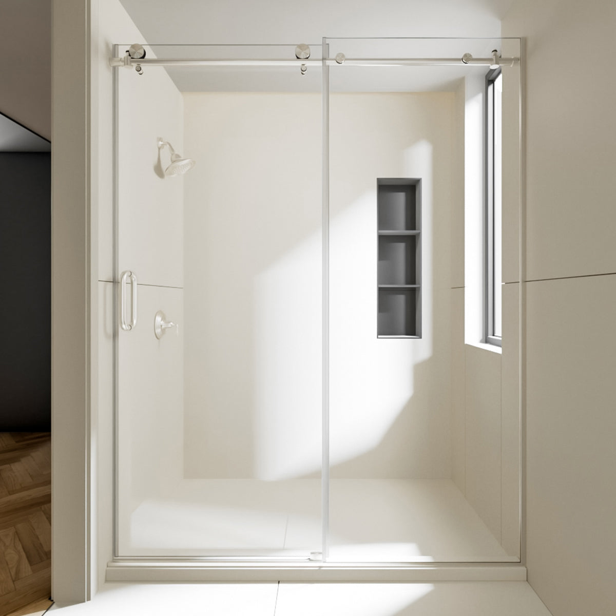 Nivorix Cryptic 60 in. W x 76 in. H Sliding Semi-Frameless Shower Door with Clear Glass Brushed Nickel 1_02c016a6-3f66-4de5-ae1d-d5bd71859dc2