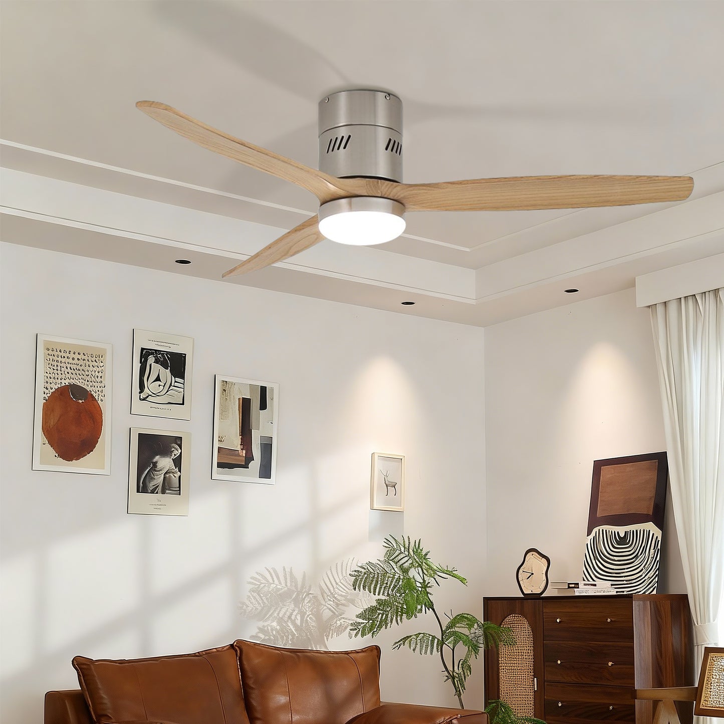 Taimei Ryme 52 in. Flush Mount Standard Ceiling Fan with Integrated LED with Remote Included DC Motor Brushed Nickel & Oak 1_036c12c8-5621-4f8c-9e0d-3e75ab47bb5c