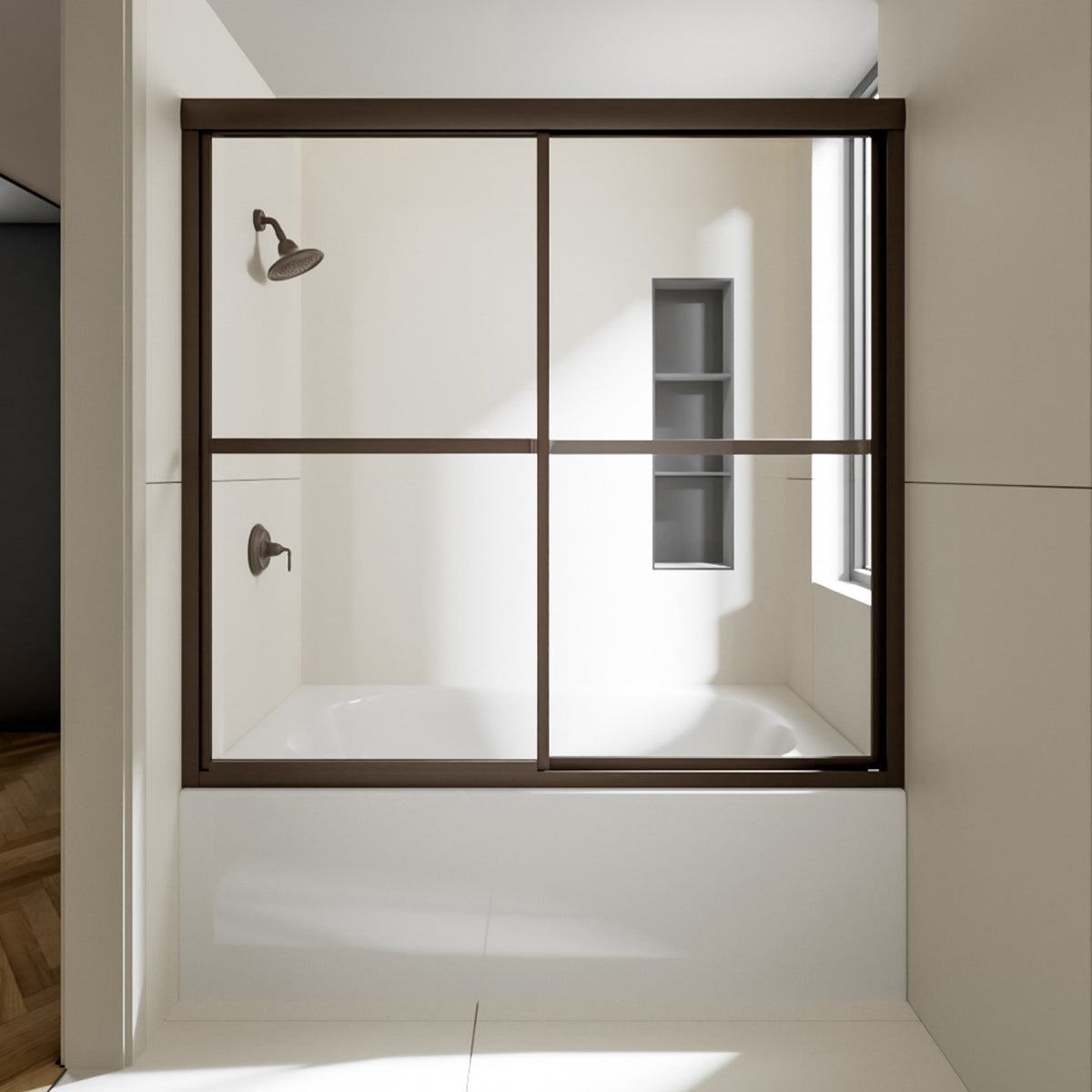 Nivorix Cleo 59 in. W x 56 in. H Sliding Framed Tub Door with Clear Tempered Glass