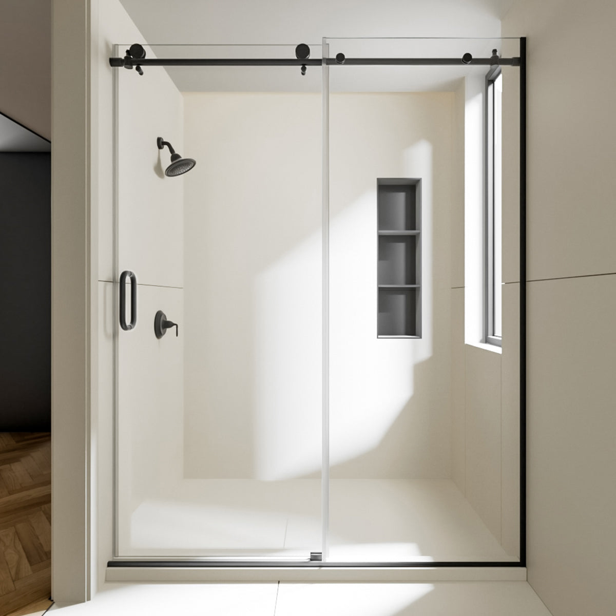 Nivorix Cryptic 60 in. W x 76 in. H Sliding Semi-Frameless Shower Door with Clear Glass Matte Black 1_1014cf2e-1c02-4b6c-9682-b193a3fb962f