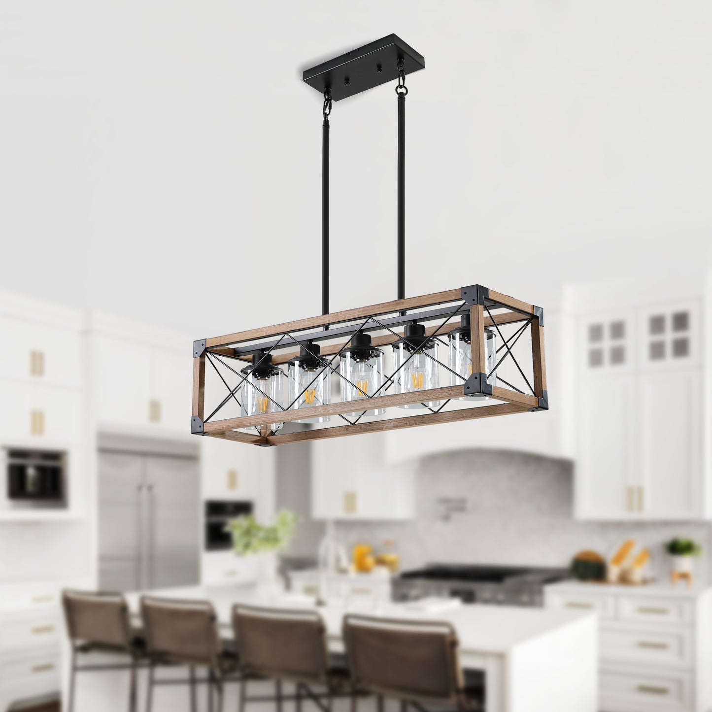 Taimei Fioris 32 in. 5-Light Industrial Farmhouse Rectangle Pendant Light With Lampshades Walnut 1_344d3491-5a20-4506-a623-60102bcbeb46