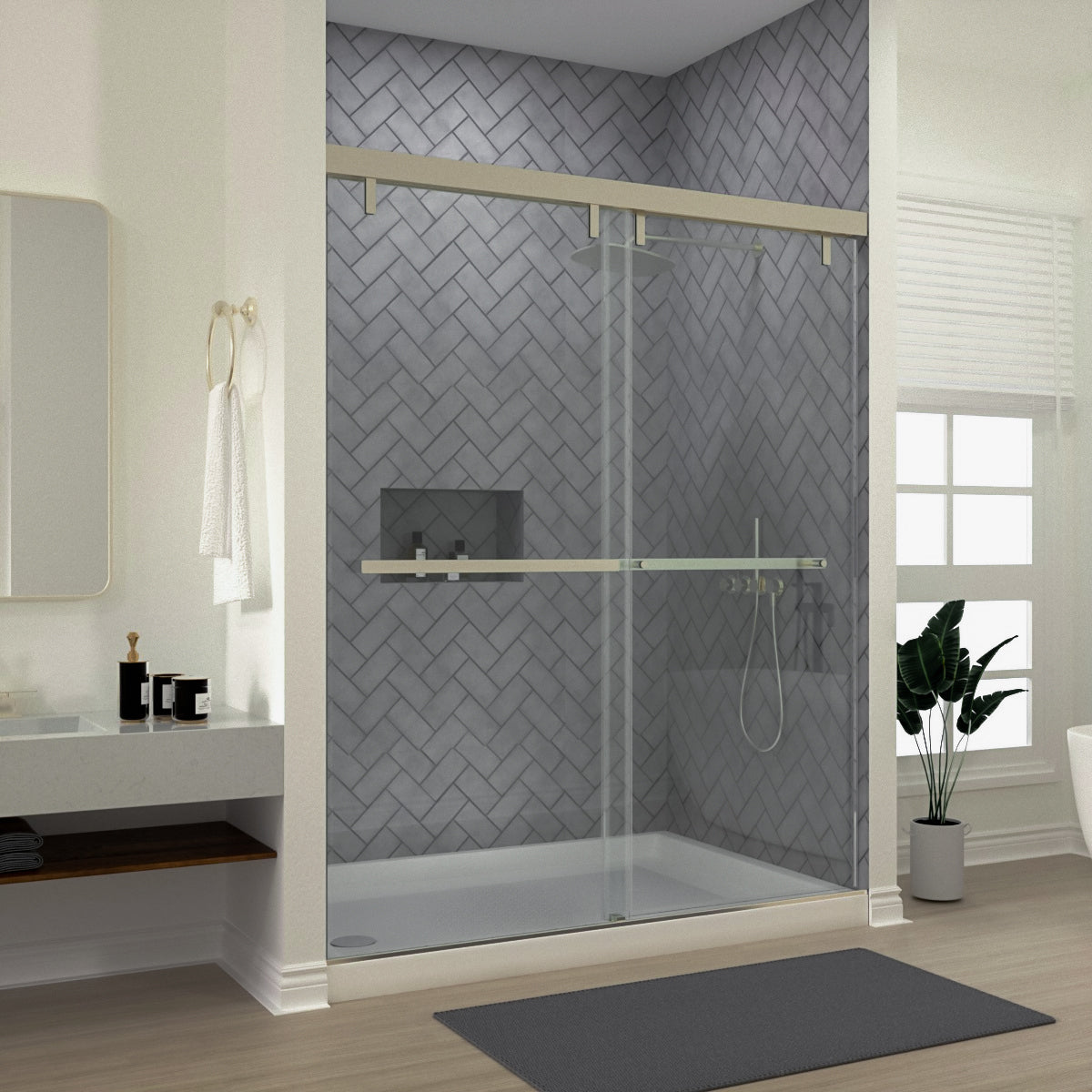 Niveal Koln 60 in. W x 72 in. H Sliding Semi-Frameless Shower Door with Clear Glass Brushed Nickel 1_3e0ec2a1-49af-4f8b-8035-6316194d404c