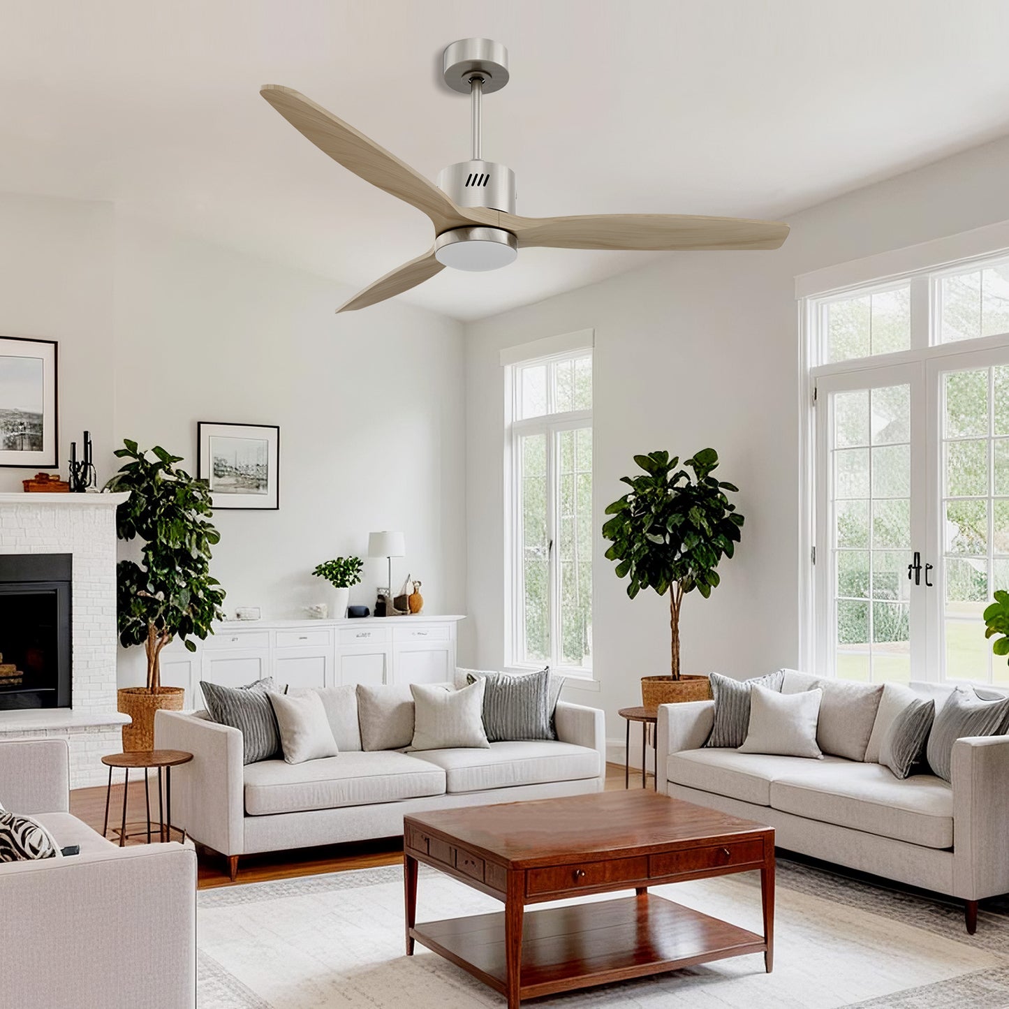 Taimei Glio 52 in. Downrod Standard Ceiling Fan with Integrated LED with Remote Included DC Motor Reversible Brushed Nickel & Light Oak 1_3e15d015-4414-4cea-972f-43657fdf02c9
