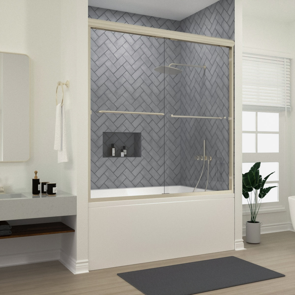 Niveal Bliss 60 in. W x 56 in. H Sliding Semi Frameless Tub Door with Clear Glass Brushed Nickel 1_414633ed-9aca-4127-a9b3-c5c6d5dfc745