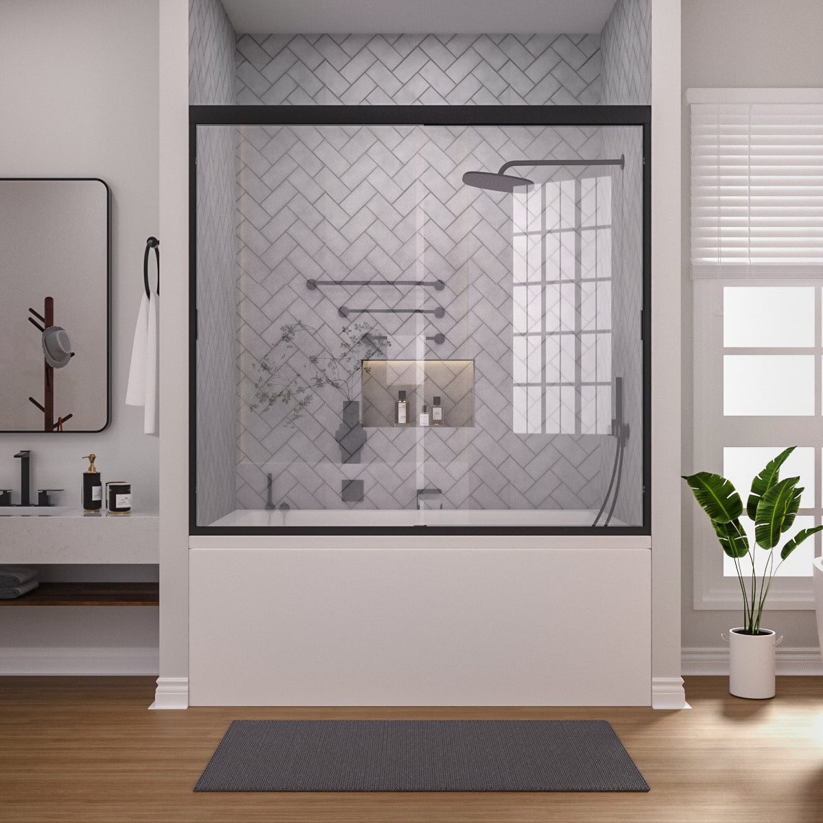 Niveal Breeze 60 in. W x 56 in. H Sliding Semi Frameless Tub Door with Clear Glass Matte Black 1_43f08847-df85-44b6-a4ae-adbf1a9c07ca