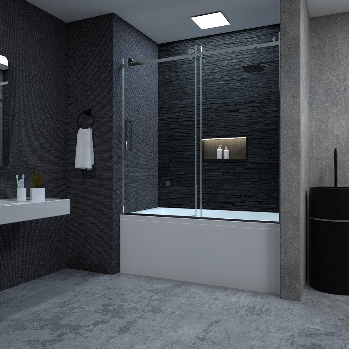 Niveal Essen 60 in. W x 60 in. H Sliding Semi-Frameless Tub Door in Matte Black Finish Chrome 1_44979bcf-c8f3-4606-9fd3-d7da9f31c1d1