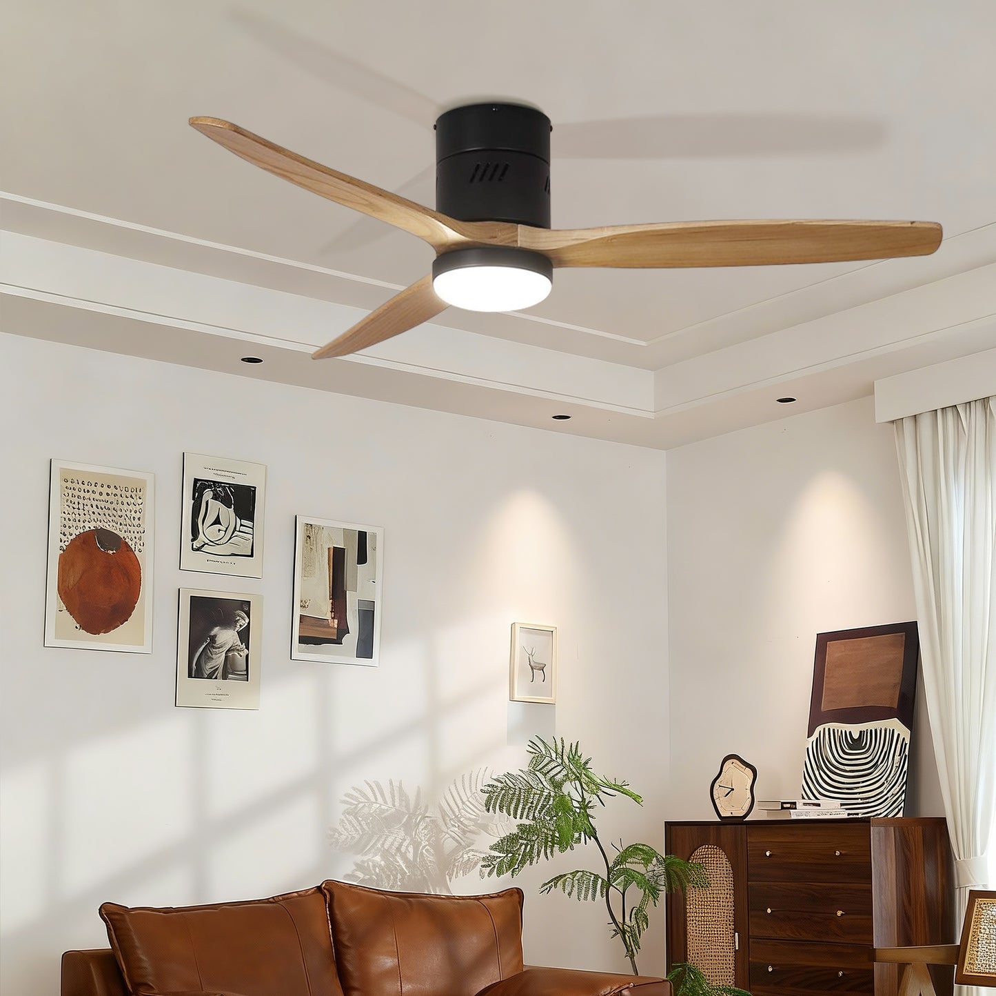 Taimei Ryme 52 in. Flush Mount Standard Ceiling Fan with Integrated LED with Remote Included DC Motor Matte Black & Oak 1_44ad9dc9-243e-43e2-a3a7-f2279104ac0f