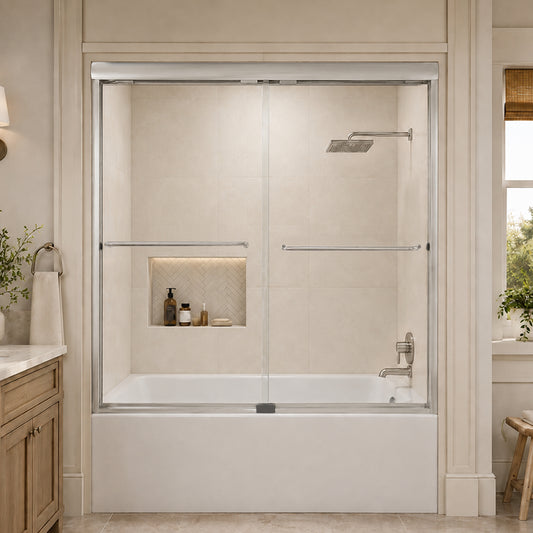 Lntano 60 in. W x 56 in. H Sliding Bath Tub Door in Semi Frameless with Clear Glass Brushed Nickel 1_5c6b6ebb-1b93-4220-8982-6bb40be7c0ec