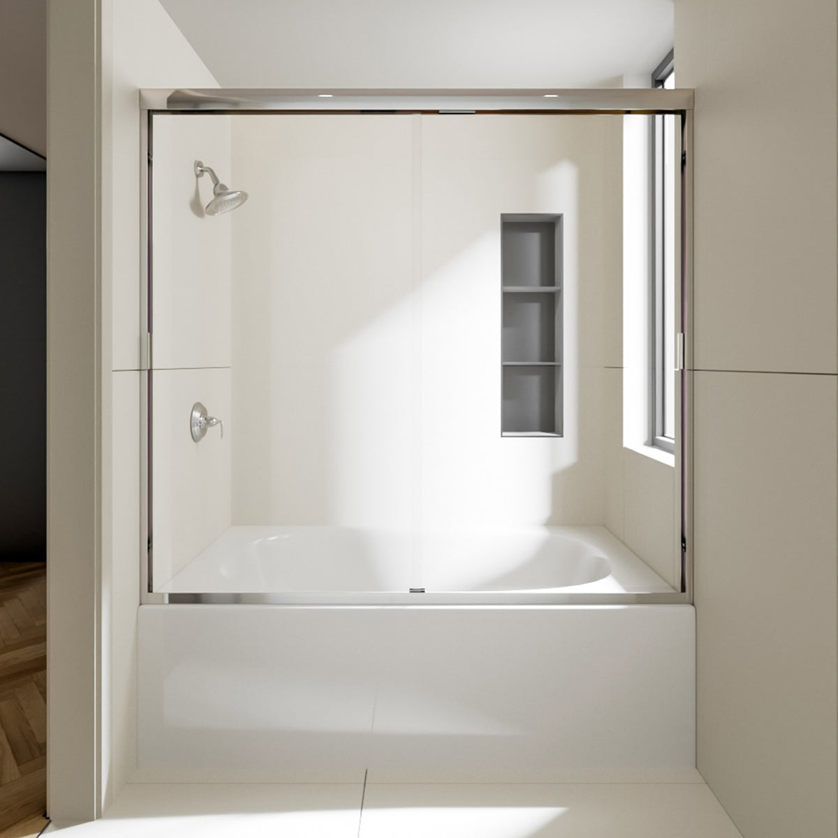 Nivorix Apex 60 in. W x 56 in. H Sliding Semi-Frameless Tub Door with Clear Glass Chrome 1_62419238-905e-4c10-a73f-d5735855adf3