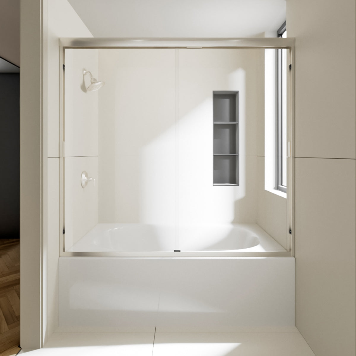 Nivorix Apex 60 in. W x 56 in. H Sliding Semi-Frameless Tub Door with Clear Glass Brushed Nickel 1_64e60ddc-aeb1-4545-9c51-1b52935dea13