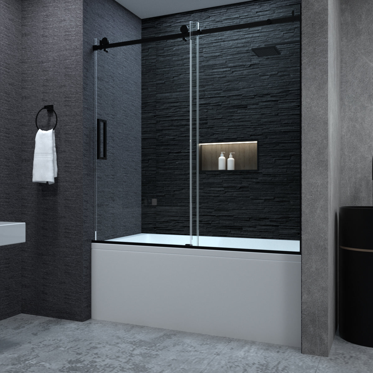 Niveal Essen 60 in. W x 60 in. H Sliding Semi-Frameless Tub Door in Matte Black Finish Matte Black 1_672c89b4-e0d3-4356-8356-d35d98680eec