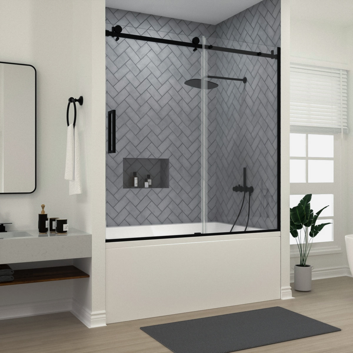 Niveal Vista 60 in. W x 60 in. H Sliding Semi-Frameless Tub Door with Clear Glass Matte Black 1_6daa64dd-d936-47ac-9687-4f9ef927ebfb
