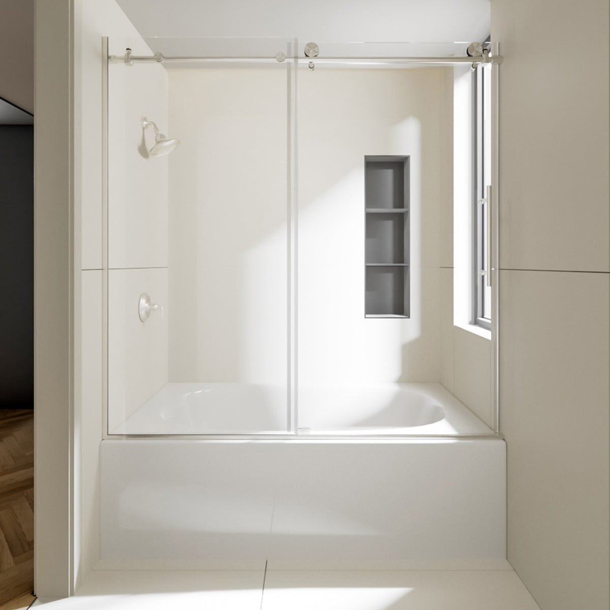 Nivorix Nexus 60 in. W x 60 in. H Sliding Semi-Frameless Tub Door with Clear Tempered Glass