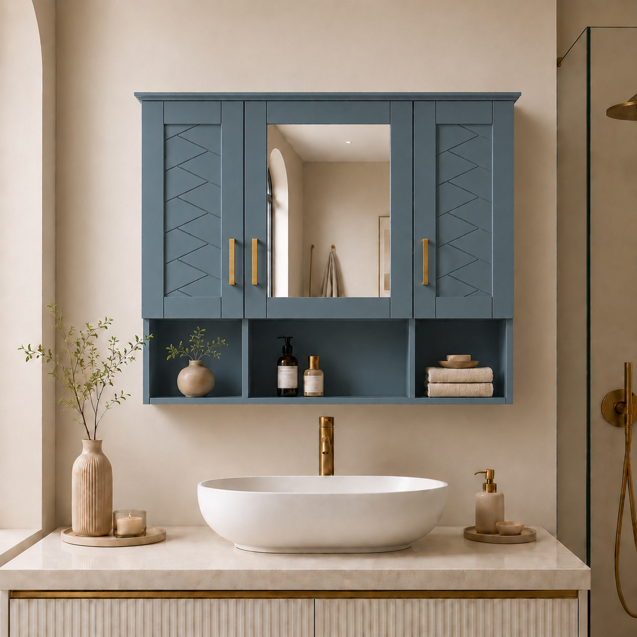 Avalon 35 in. W x 28 in. H Rectangular MDF Surface Mount Framed Medicine Cabinet with Mirror Blue 1_7e13f585-206a-4219-9c13-e403c5fc04aa