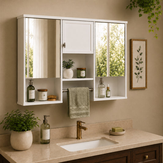 Sterling 55 in. W x 28 in. H Rectangular Wall Mounted Medicine Cabinet with Mirror, Open Storage and Towel Bar in White 1_8673023a-2926-43fd-bc14-408a135cdd81