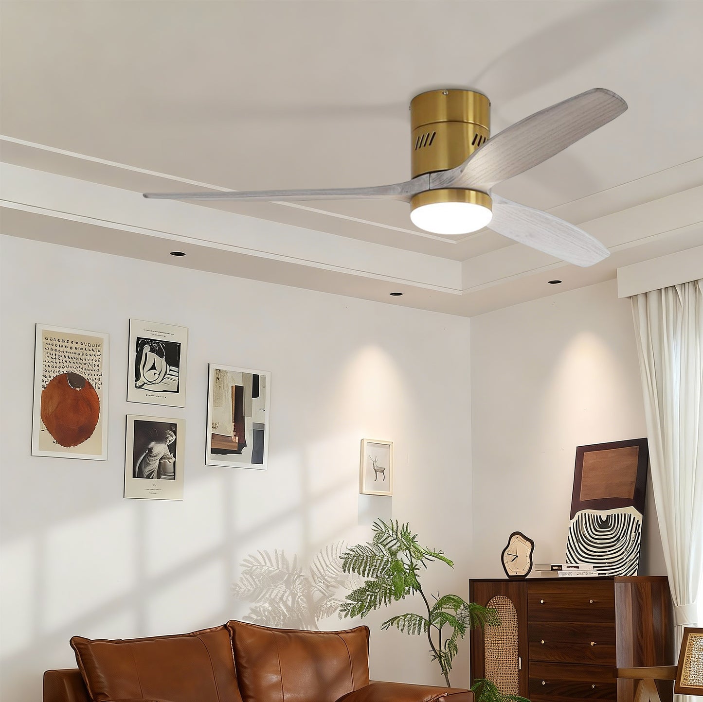 Taimei Ryme 52 in. Flush Mount Standard Ceiling Fan with Integrated LED with Remote Included DC Motor Gold & White 1_93eaec82-3b8a-486a-9aee-430c0adff62e