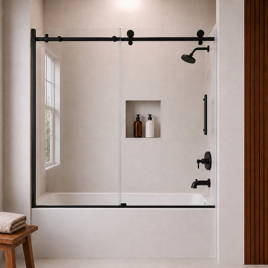Vetra 59 in. W x 56 in. H Sliding Framed Tub Door Finish with Clear Glass Matte Black 1_957a3518-e56f-4e3f-bc67-cc2c13038e05