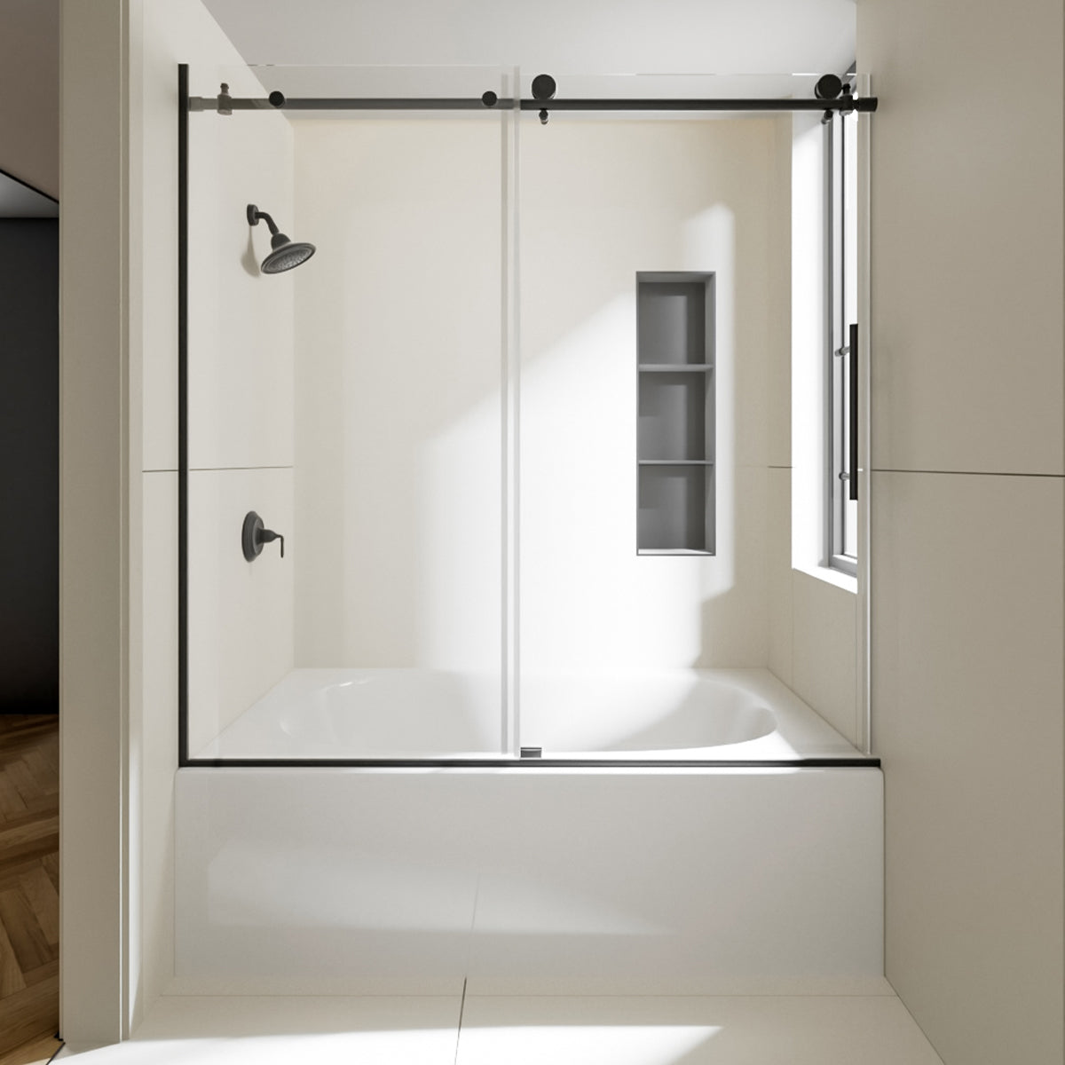 Nivorix Nexus 60 in. W x 60 in. H Sliding Semi-Frameless Tub Door with Clear Tempered Glass