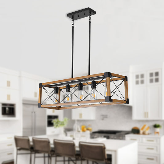 Taimei Solace 32 in. 5-Light Industrial Farmhouse Rectangle Pendant Light