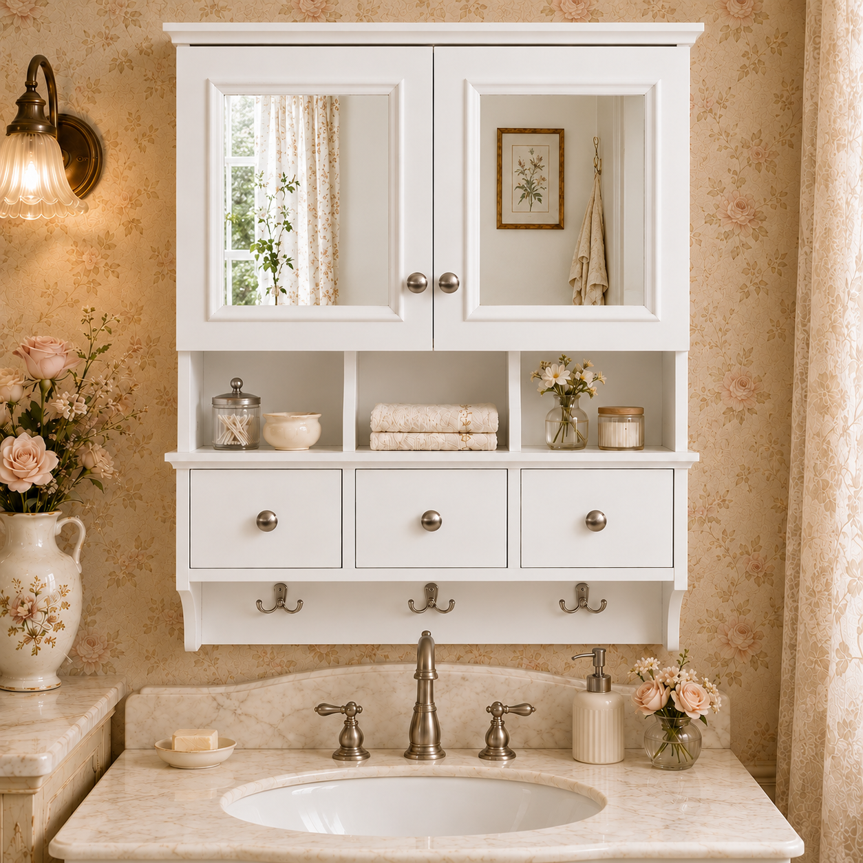 Aurelia 24 in. W x 28 in. H Rectangular MDF Surface Mount Framed Medicine Cabinet with Mirror & Hooks White 1_a04ffa7c-b628-4af2-88c8-f624c32429f3
