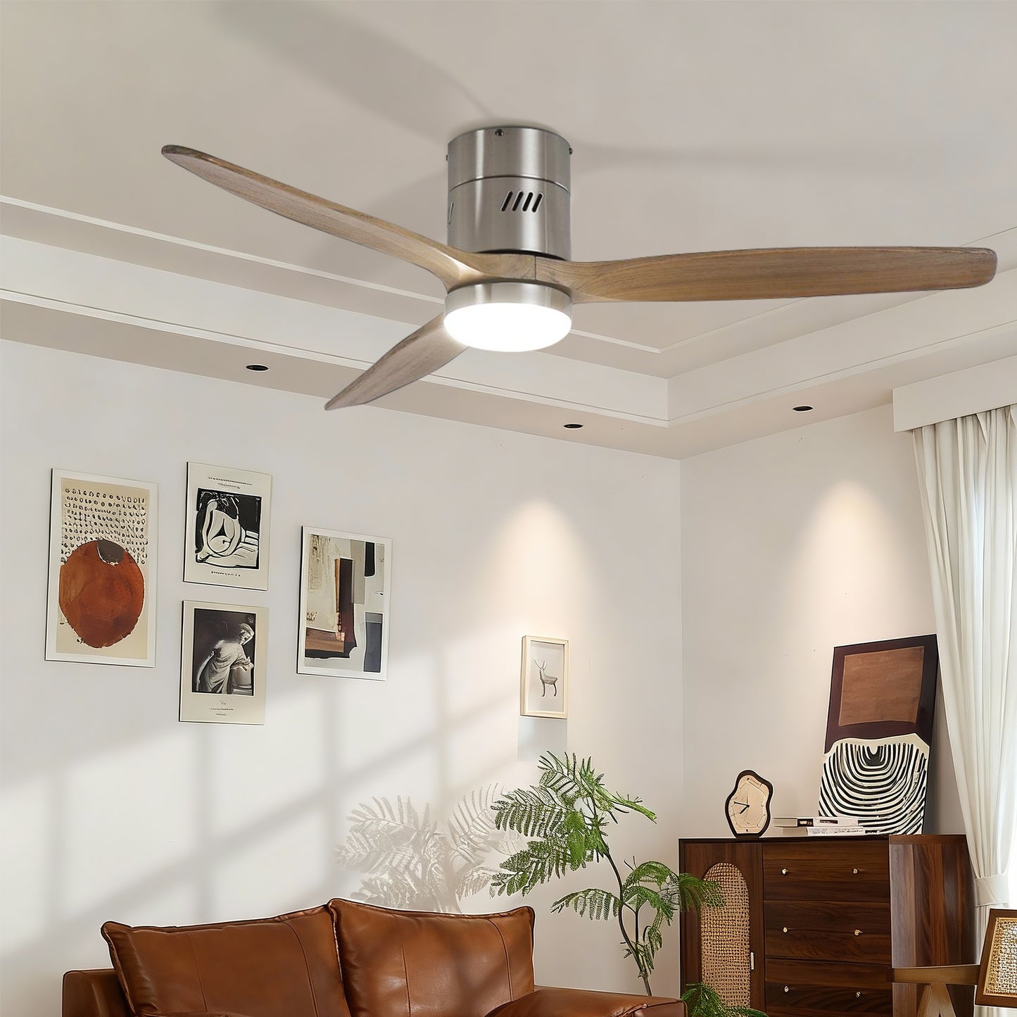 Taimei Ryme 52 in. Flush Mount Standard Ceiling Fan with Integrated LED with Remote Included DC Motor Brushed Nickel & Light Oak 1_ae4e4498-4b78-4957-af3c-7859d5f0600d