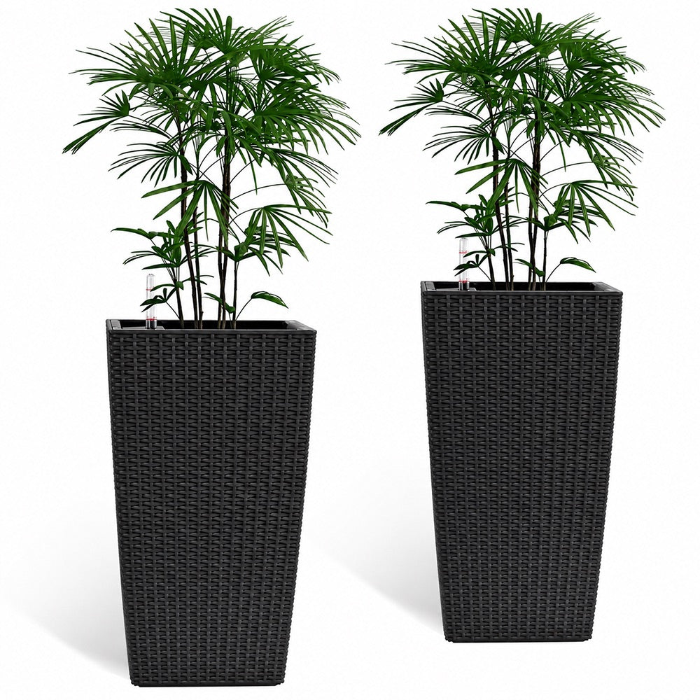 Cendra 22 in. Black Faux Rattan Polypropylene Self-Watering Square Planter (2-Pack) for Indoor/Outdoor Use