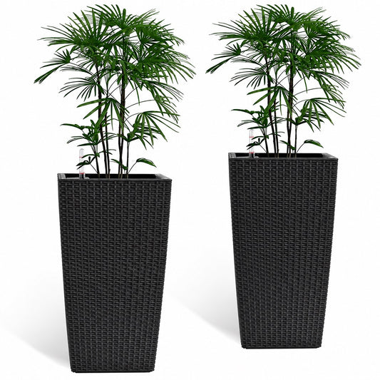Cendra 22 in. Black Faux Rattan Polypropylene Self-Watering Square Planter (2-Pack) for Indoor/Outdoor Use