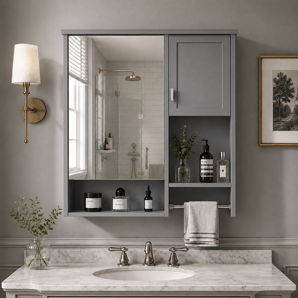 29 in. W x 28 in. H Rectangular Medicine Cabinet with Mirror, Space Saver Cabinet with Towels Bar Gun Grey 1_b17601fa-90e0-4811-a2e0-202bf20d4f4c