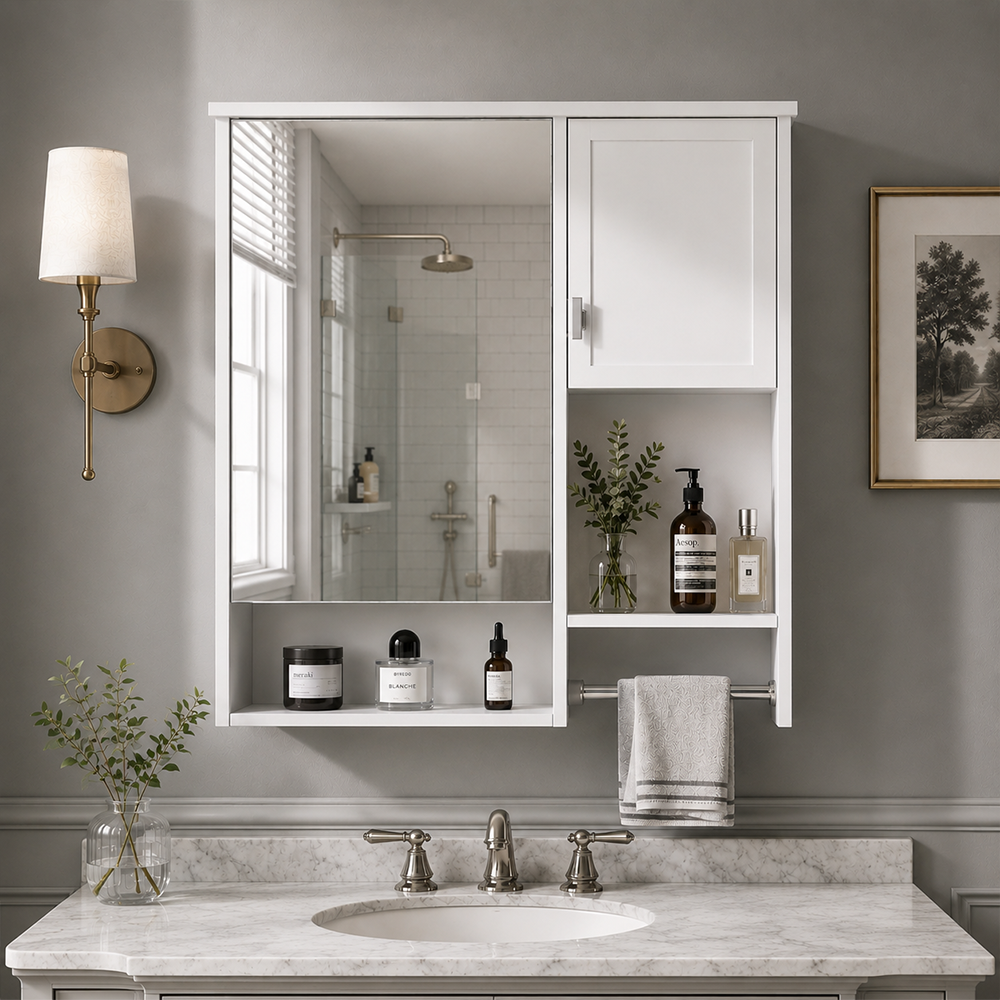 29 in. W x 28 in. H Rectangular Medicine Cabinet with Mirror, Space Saver Cabinet with Towels Bar Silver 1_bba2f840-d09e-4a2d-9fbf-40702ce335d8