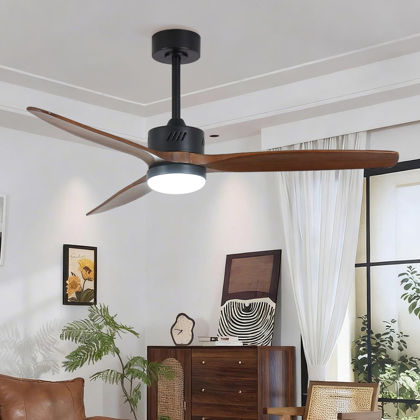 Taimei Glio 52 in. Downrod Standard Ceiling Fan with Integrated LED with Remote Included DC Motor Reversible Matte Black & Walnut 1_bbd8f046-98e7-4182-aec0-2556261ed233