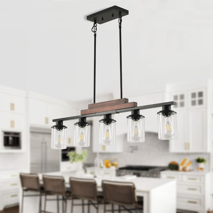 Taimei Aero 37 in. Industrial 5-Light Chandelier with Clear Glass Shades Walnut & Matte Black 1_bd2ec06a-92e6-431c-b8c3-2ac6b056bb62