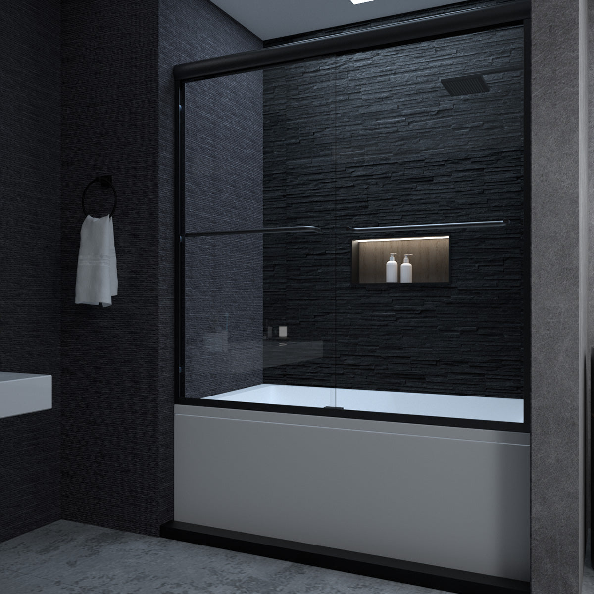 Niveal Ruhr 60 in. W x 56 in. H Sliding Semi Frameless Tub Door with Clear Glass Matte Black 1_c02c1f54-cb83-400c-8651-7e5041625e58