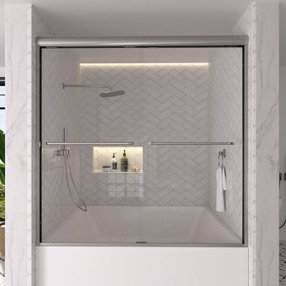 Shine 60 in. W x 56 in. H Semi-Frameless Sliding Tub Door with 1/4 in. Clear Tempered Glass Brushed Nickel 1_c0f8038d-ed4f-4165-aa96-f1d575e0920a