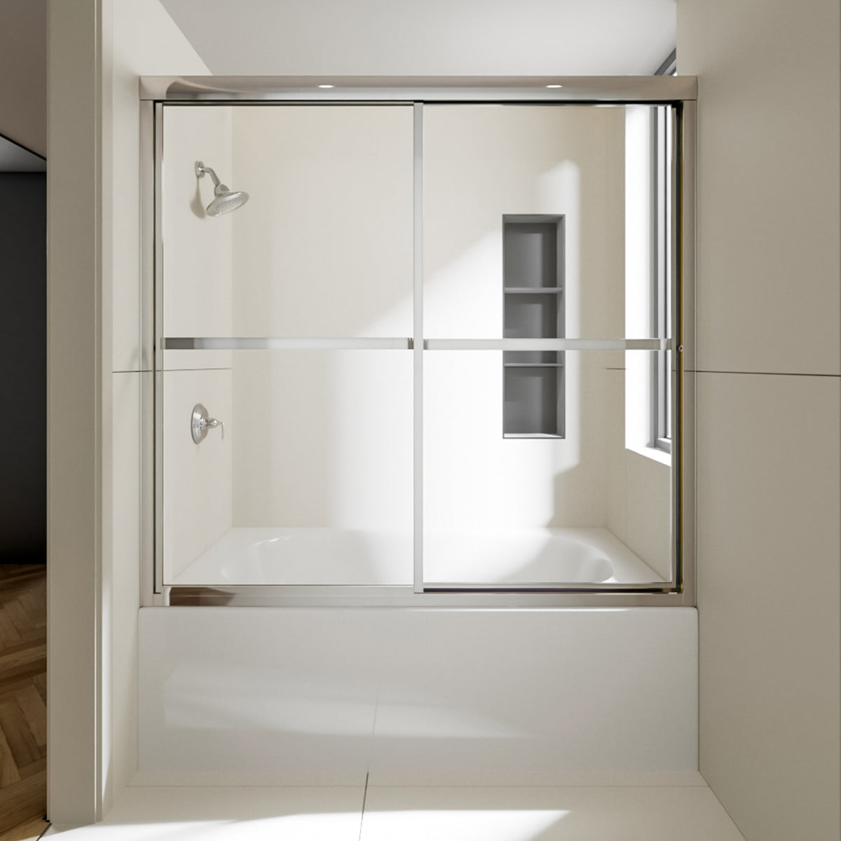 Nivorix Cleo 59 in. W x 56 in. H Sliding Framed Tub Door with Clear Tempered Glass