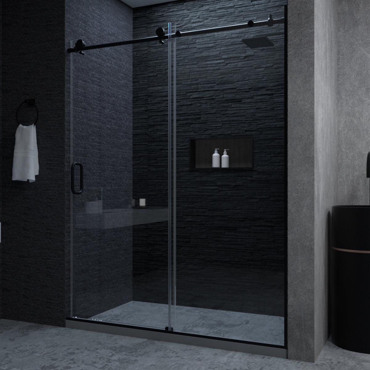 Niveal Ruhr 60 in. W x 76 in. H Sliding Semi-Frameless Shower Door with Clear Glass Matte Black 1_cb0c2bce-9fea-42c5-af20-54d60d3810aa
