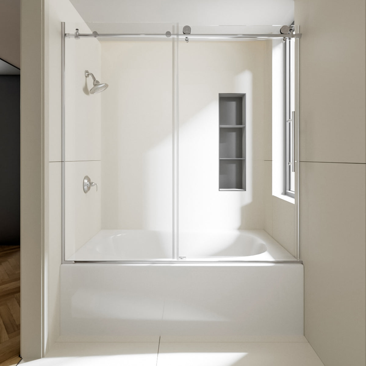 Nivorix Nexus 60 in. W x 60 in. H Sliding Semi-Frameless Tub Door with Clear Tempered Glass