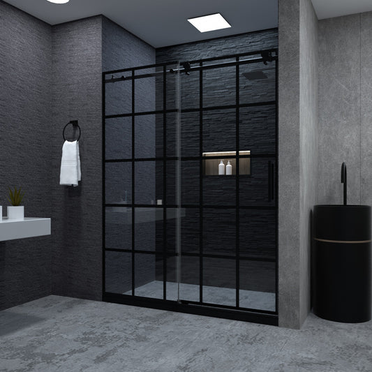 Niveal Ruhr 60 in. W x 76 in. H Sliding Semi-Frameless Shower Door in Matte Black with Patterned Glass