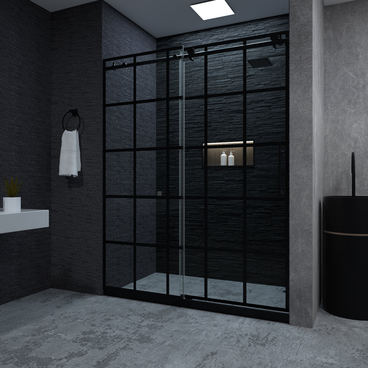 Niveal Ruhr 60 in. W x 76 in. H Sliding Semi-Frameless Shower Door in Matte Black with Patterned Glass 1_d3dd559d-aa8a-4c1b-881a-5b6b4f6f39f3