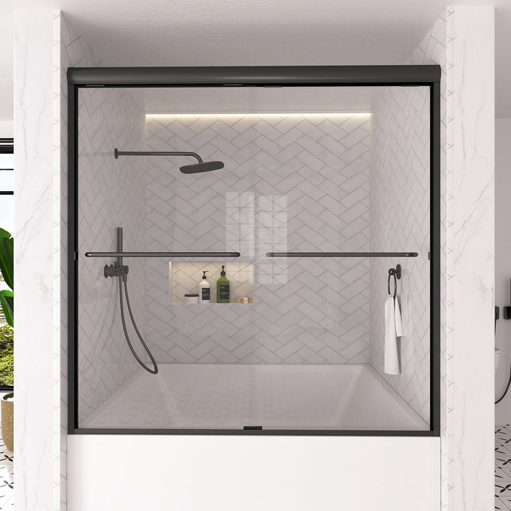 Shine 60 in. W x 56 in. H Semi-Frameless Sliding Tub Door with 1/4 in. Clear Tempered Glass Matte Black 1_d42a7535-7584-4615-909b-17f6370e05e1