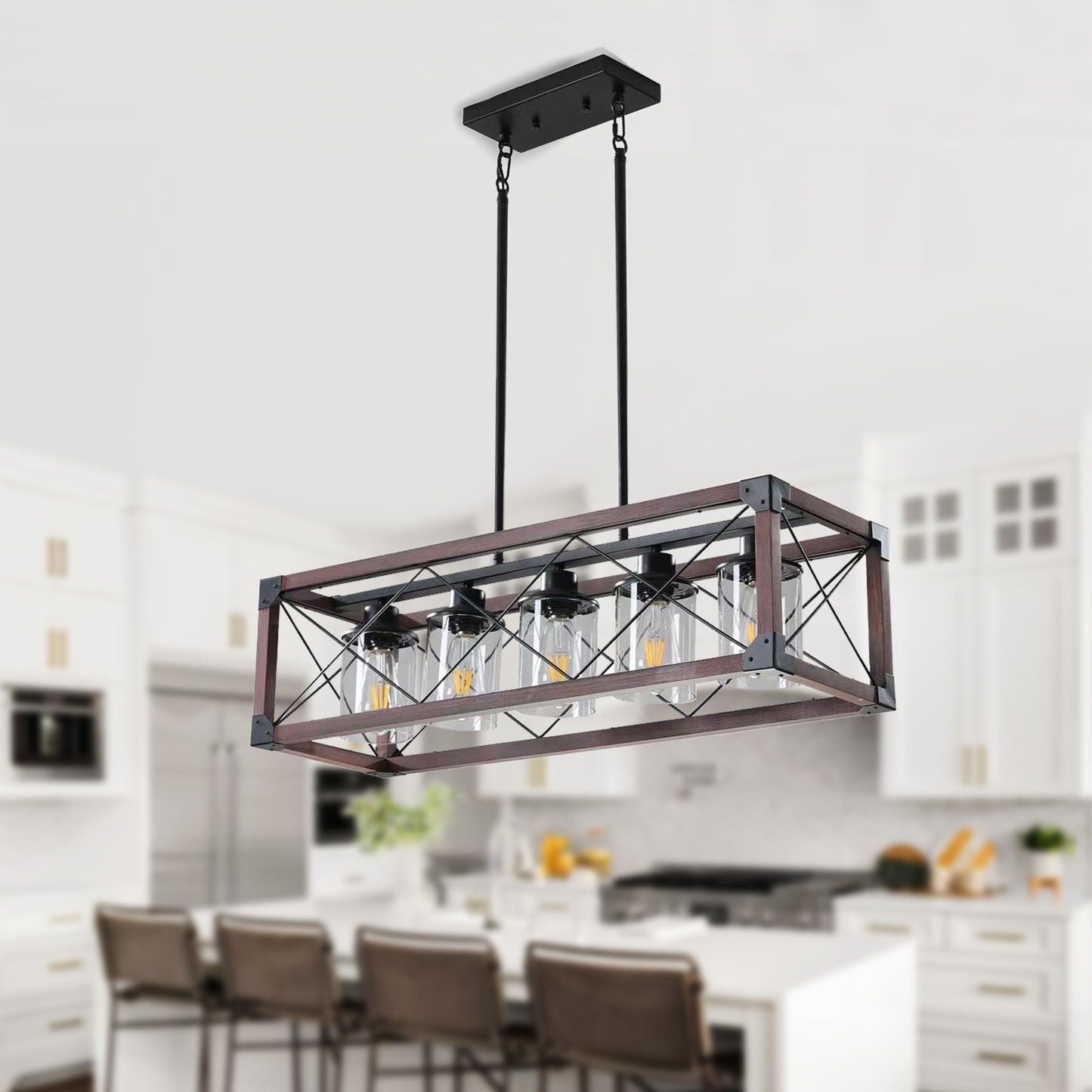 Taimei Fioris 32 in. 5-Light Industrial Farmhouse Rectangle Pendant Light With Lampshades Red Wood 1_d799432c-9210-4f30-b5b6-04e8c05cd36e