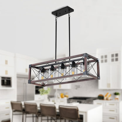 Taimei Fioris 32 in. 5-Light Industrial Farmhouse Rectangle Pendant Light With Lampshades Red Wood 1_d799432c-9210-4f30-b5b6-04e8c05cd36e
