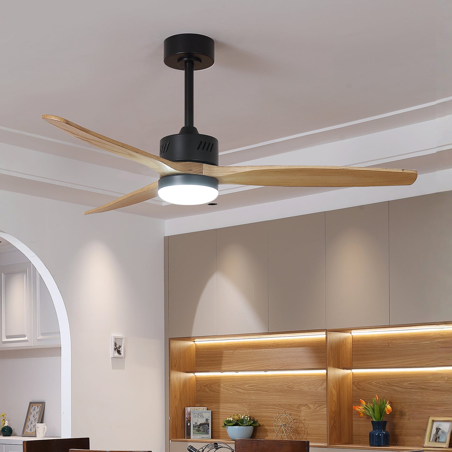 Taimei Glio 52 in. Downrod Standard Ceiling Fan with Integrated LED with Remote Included DC Motor Reversible Matte Black & Oak 1_d87a0d36-e039-471d-8510-9fd1123aab0d