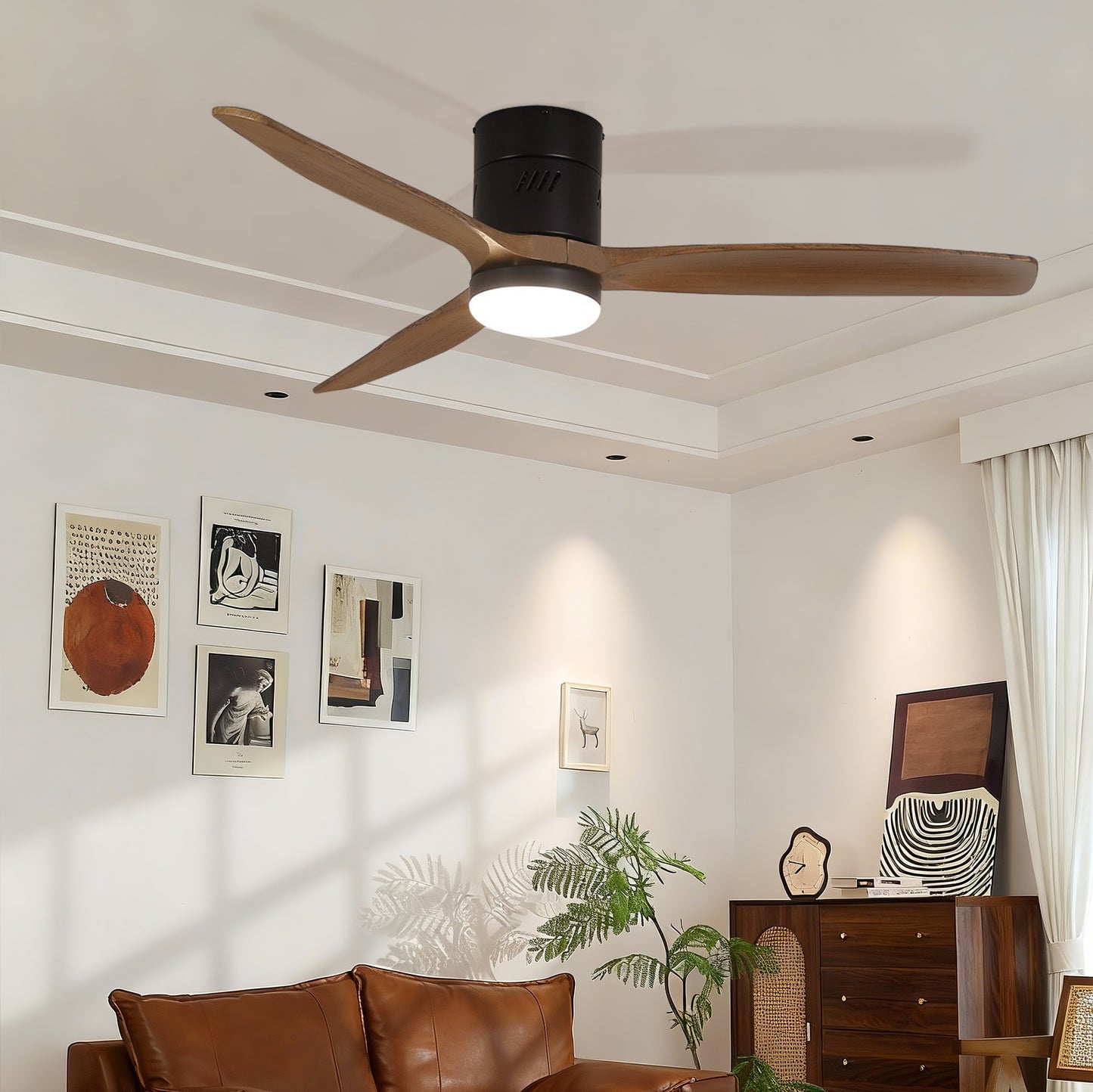 Taimei Ryme 52 in. Flush Mount Standard Ceiling Fan with Integrated LED with Remote Included DC Motor Matte Black & Light Oak 1_e929d446-7e38-443c-bcff-32431fc74d22