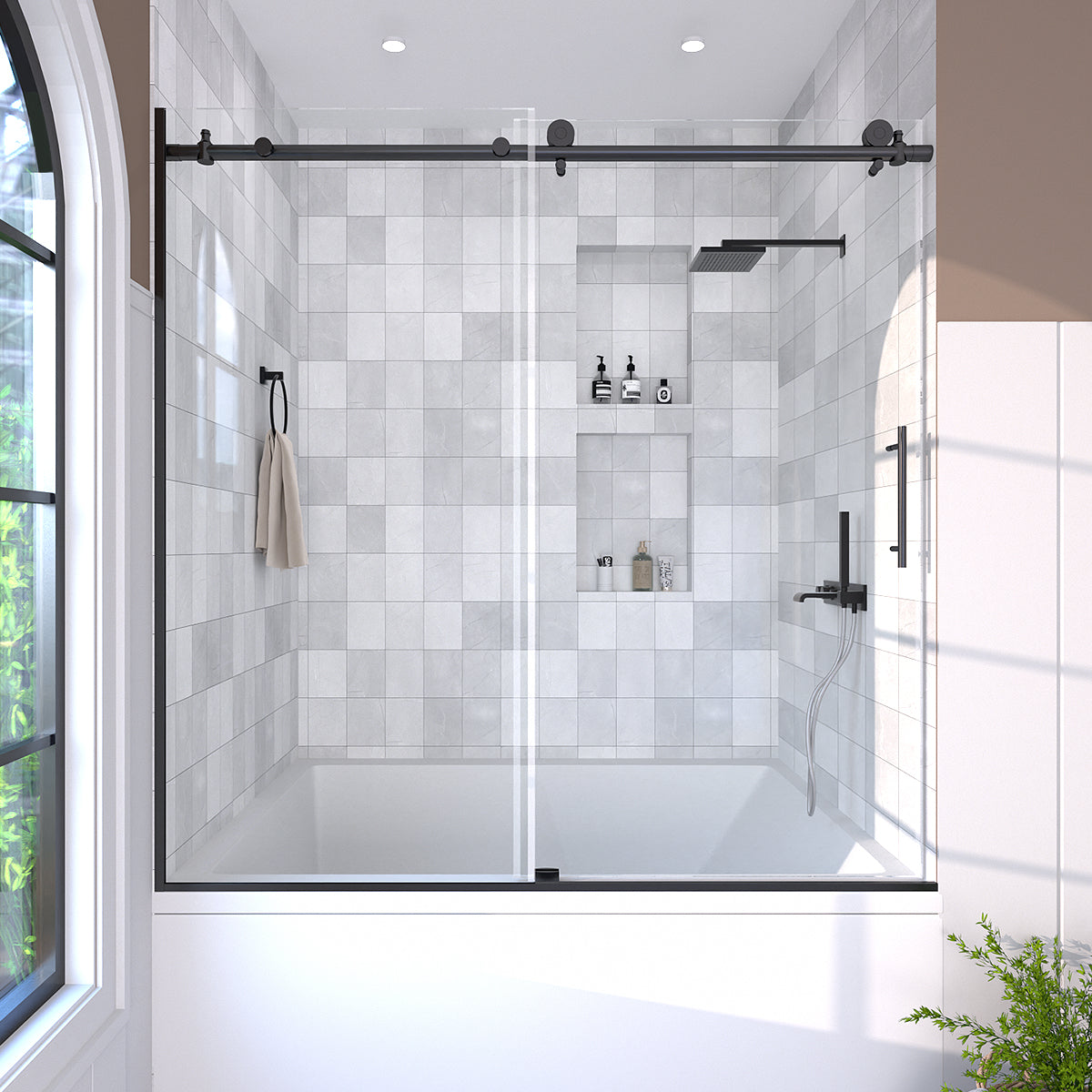Bodum 60 in. W x 60 in. H Sliding Semi Frameless Tub Door in Chrome Finish with Clear Glass Matte Black 1_f1964b8c-0913-40b1-9473-1b4fa67816e8