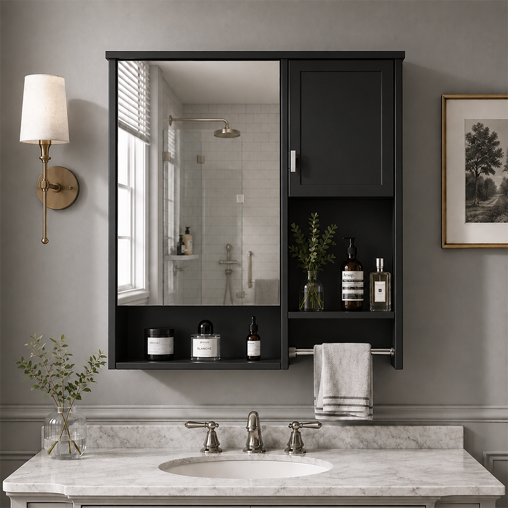 29 in. W x 28 in. H Rectangular Medicine Cabinet with Mirror, Space Saver Cabinet with Towels Bar Matte Black 1_f2c90ebb-c3f7-4e8f-938c-649d78bd3c98